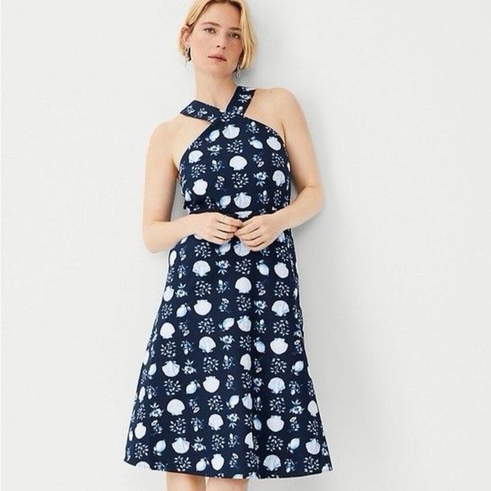 Ann Taylor Sz 0 Halter Flare Dress Shell Tile Navy Cotton Linen NWT $159